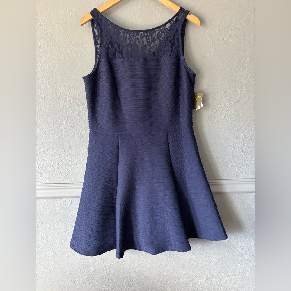 Taylor | navy | lace | a line | textured | dress | 14